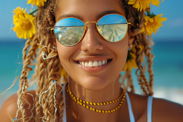Portrait of a happy fair haired woman in sunglasses , lot of flowers on solid bright backdrop