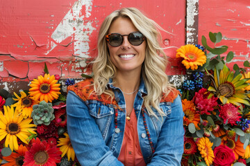 Portrait of a happy fair haired woman in sunglasses , lot of flowers on solid bright backdrop