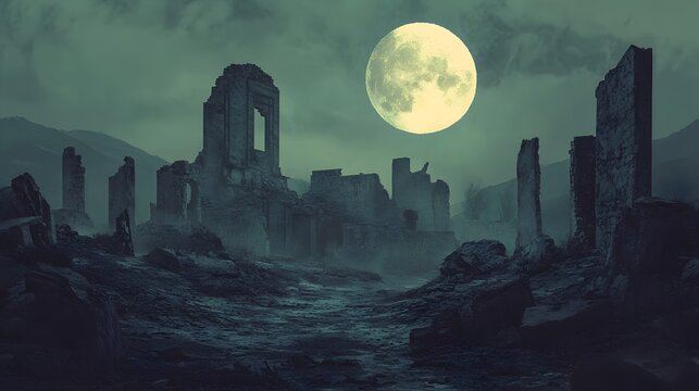 Haunting Digital of a Desolate Ghost Town Under the Ethereal Light of a Full Moon