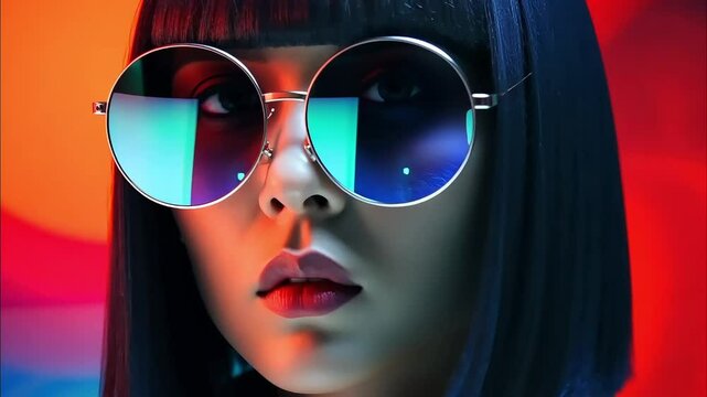 A fashionable woman with a sleek bob haircut, wearing large, reflective sunglasses, set against a bold, futuristic background.

