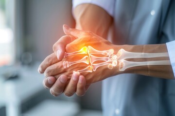 Close-up of hand with painful metacarpophalangeal joint highlighted. Arthritis, inflammation and x-ray concept.