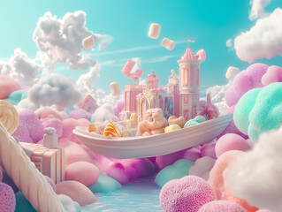 A colorful pastel city made of delicious, tasty sweets and candies. The dreamlike scene features sugar wool, pink, and blue marshmallows in a 3D design. Generative AI.