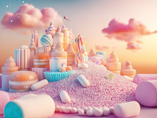 A colorful pastel city made of delicious, tasty sweets and candies. The dreamlike scene features sugar wool, pink, and blue marshmallows in a 3D design. Generative AI.
