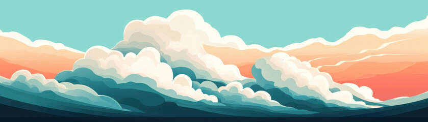 Fototapeta premium Soft clouds drift across serene sky, blending shades of blue, white, and peach, evoking sense of calm and tranquility.