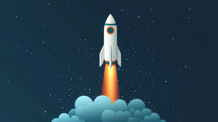 A rocket launches into space, surrounded by clouds and stars, symbolizing exploration and adventure.