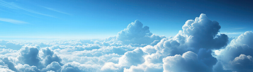 A serene view of fluffy clouds against bright blue sky evokes sense of tranquility and peace.