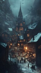 Gathering of Enigmatic Creatures in a Shadowy Arcane Town Revealing Ancient Secrets through