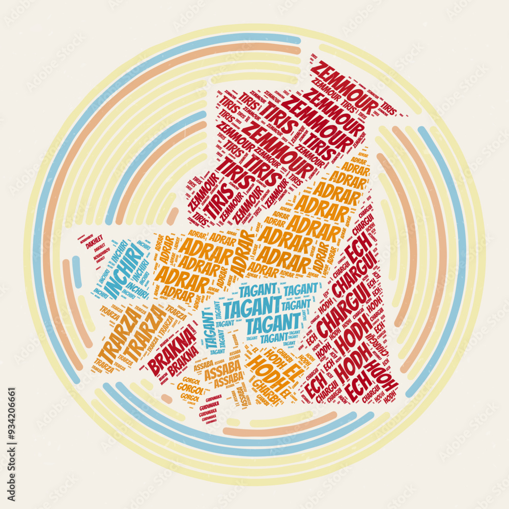 Poster mauritania round poster. typography style image of country. regions word clouds of mauritania. vinta