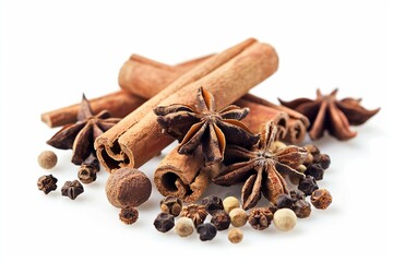 Cinnamon sticks and star anise spices arranged on a white surface