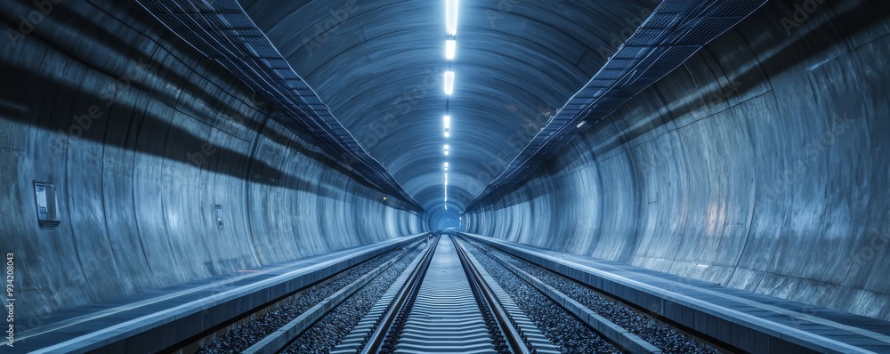 Poster Subway tunnel with illuminated ceiling and train tracks, vanishing point perspective. Urban transportation and infrastructure concept