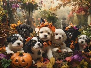 Delightful Ensemble of Costumed Puppies Frolicking in Enchanting Fall Garden