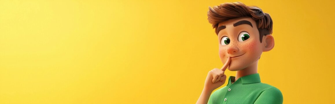 3D cartoon young handsome character in green shirt on bright yellow background shushing with finger on lips and pointing to the side Silence and secret theme