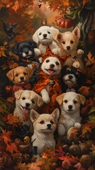 A Joyful Gathering of Costumed Puppies in a Festive Autumn Garden
