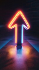Neon arrow pointing up with glowing lights, dark background. Futuristic sign concept