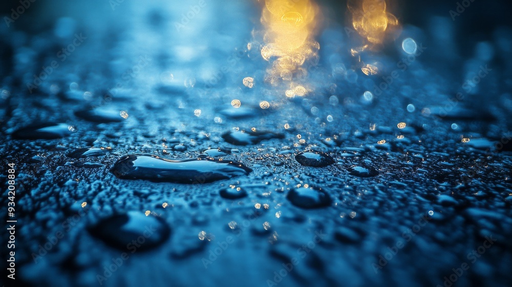 Poster raindrops sparkle under soft reflections, creating a mesmerizing display of nature's beauty in a pea