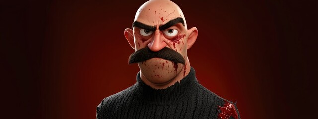 A 3D cartoon of a strong bald man with a mustache a bruise under his eye blood splatters and a ripped black sweater Portrait style
