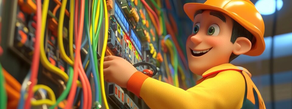 A 3D cartoon male electrician fixes a colorful switchboard with a bright connecting cable