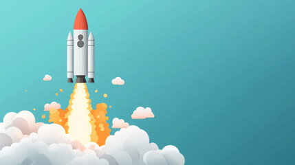 Fototapeta premium Rocket launching into sky with clouds and smoke, symbolizing adventure and exploration.