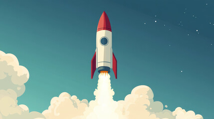 Rocket launching into sky, surrounded by clouds, symbolizes adventure and exploration. vibrant colors evoke excitement and wonder.