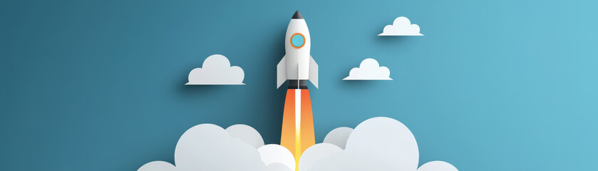 A colorful rocket launching into sky among clouds, symbolizing innovation and progress.