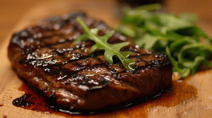 Photograph of grilled steak well seasoned on wooden board. restaurant.