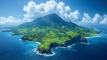A volcanic island rises from the turquoise ocean, its verdant slopes reaching for the bright blue sky, dotted with fluffy white clouds.