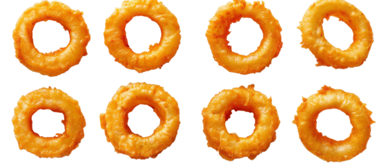 Set of isolated Crispy and delicious onion rings  on transparent background. cut flower elements, garden themed designs. Top view high quality PNG." design elements, top view / flat lay.
