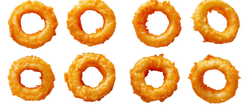 Set of isolated Crispy and delicious onion rings  on transparent background. cut flower elements, garden themed designs. Top view high quality PNG." design elements, top view / flat lay.