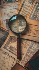 Vintage Magnifier Hovering Over Old Financial Documents and Ledgers with Nostalgic Color Palette