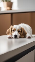 Relaxed puppy on countertop surrounded by home decor awaiting attention. 