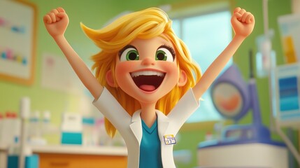 Animated character with blonde hair celebrating in a colorful clinic joyfully raising arms in victory smiling widely and exclaiming happiness Celebration theme