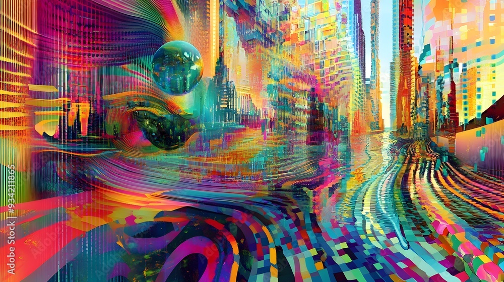 Poster surreal financial analytics vivid kaleidoscopic color schemes in an abstract algorithmic landscape