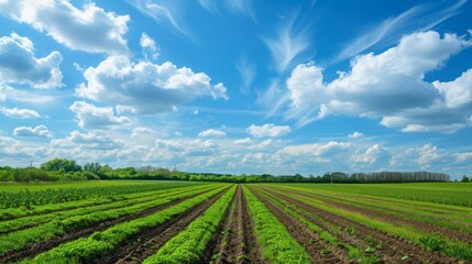 Endless green fields stretch across the horizon, embellished by wispy clouds drifting in a cheerful blue sky, embodying the tranquil beauty of rural farmland in full bloom