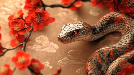 Fototapeta premium Serpent Coiled Amidst Red Blossoms on Ornate Silk Background - Stunning Nature Photography