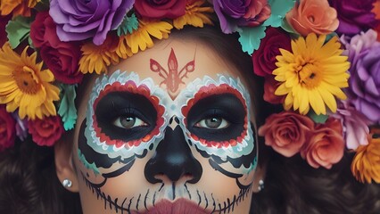 Woman with Sugar Skull Makeup Wearing a Colorful Dress	
