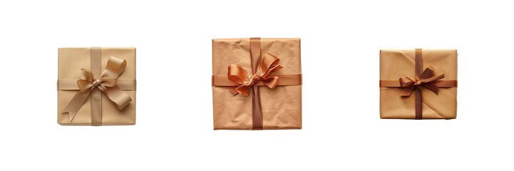 A set of handcraft gift box wrapping by a paper top view Isolated on transparent background