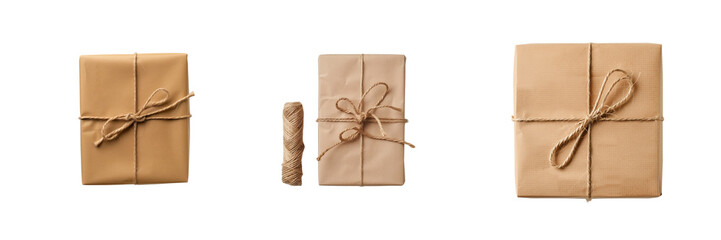 A set of handcraft gift box wrapping by a paper top view Isolated on transparent background