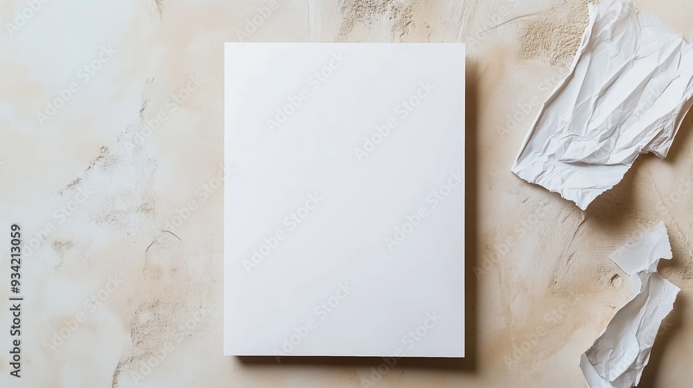 Poster blank canvas and crumpled paper on textured background for creative projects
