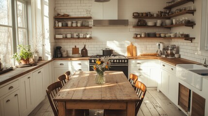 Sunlit Rustic Kitchen with Wooden Dining Table and Open Shelves