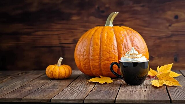 Wooden table with black cup of latte, pumpkins and fall leaves. Rustic dark wood interior. Seasonal nature wide banner with copy space for local town caffee promo or advertising.
