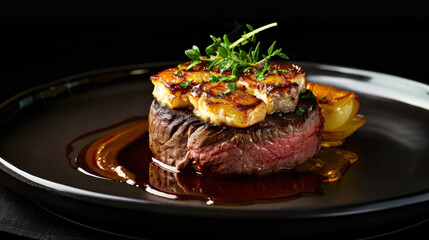Photograph of elegant dish with well-seasoned grilled steak, sauce and rustic potatoes. restaurant.