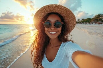 Young adult woman 30 years of mixed race millennial tourist in white shirt straw hat sunglasses taking selfies on the beach on vacation summer at sunset alone while walking, Generative AI