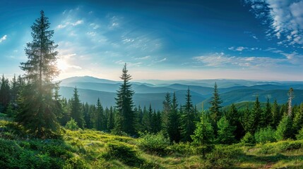 Magnificent panoramic view the coniferous forest on the mighty Carpathians Mountains and beautiful blue sky background. Beauty of wild virgin Ukrainian nature. Peacefulness , ai