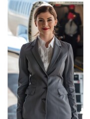 A flight attendant stands at the aircraft entrance, greeting passengers with a friendly smile as they prepare to board. Generative AI