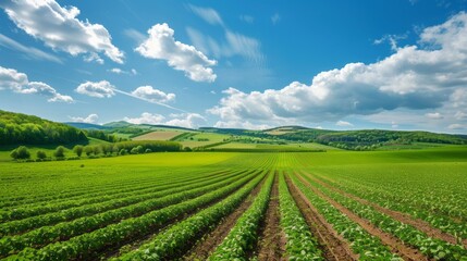 Naklejka premium Lush green fields bask in sunlight, with well-ordered rows of crops leading to distant hills under a bright blue sky filled with fluffy white clouds