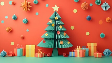 Naklejka premium Colorful Origami Christmas Tree with Gifts and Decorations on Red Background