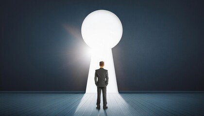 businessman standing in abstract keyhole 