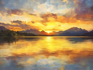 Fototapeta premium Serene Sunset Over Tranquil Lake with Majestic Mountain Backdrop and Dramatic Cloud Formations