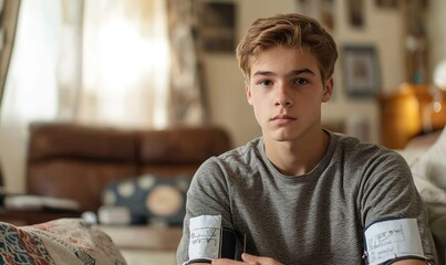 one teenager caucasian man measure check blood pressure at home alone, Generative AI