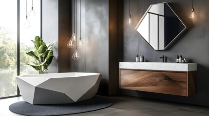 Refined and Sophisticated Contemporary Bathroom with Streamlined Vanity and Geometric Tub